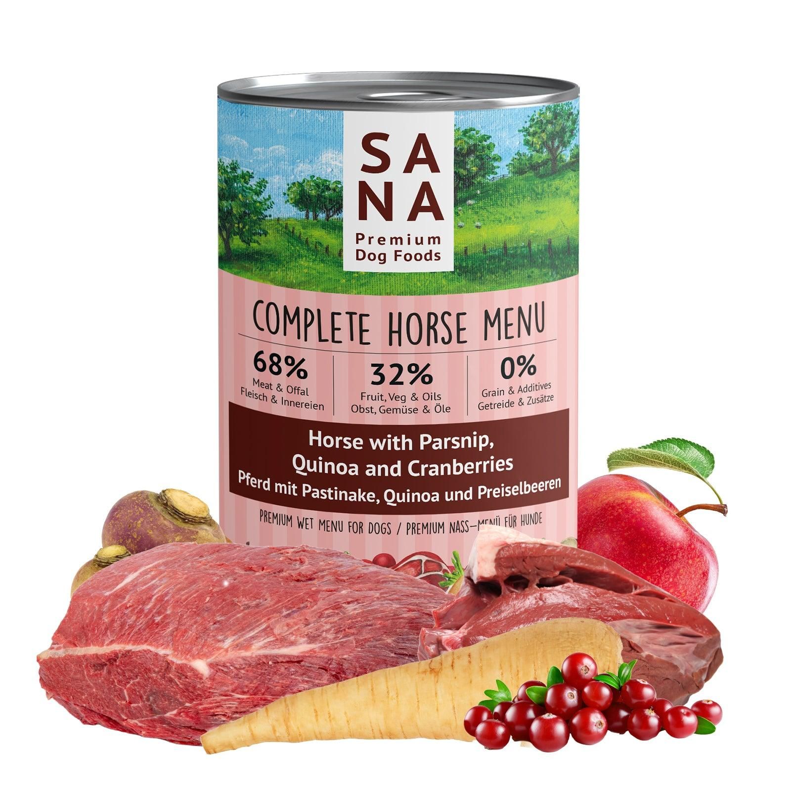 Sanadog (6 x 800g) Nass-Menü Pferd mit Pastinake, Quinoa und Preiselbeeren - 0,8 Kilogramm