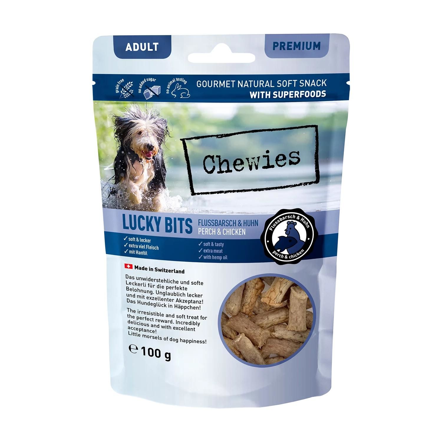 Petsnature Chewies LUCKY BITS Flussbarsch Huhn Adult 100g - 100 Gramm Eishockey-Puck, Eislaufen, Sport, Hund, Haustier
