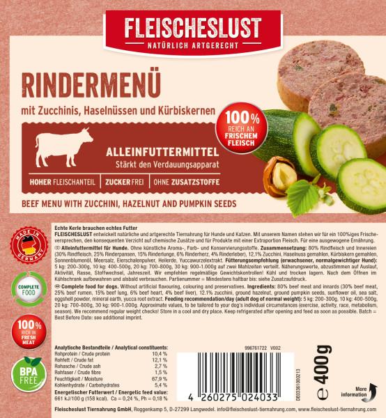Fleischeslust Rindermenü mit Zucchinis, Haselnüssen und Kürbiskernen 400 g(7,98 €/kg)