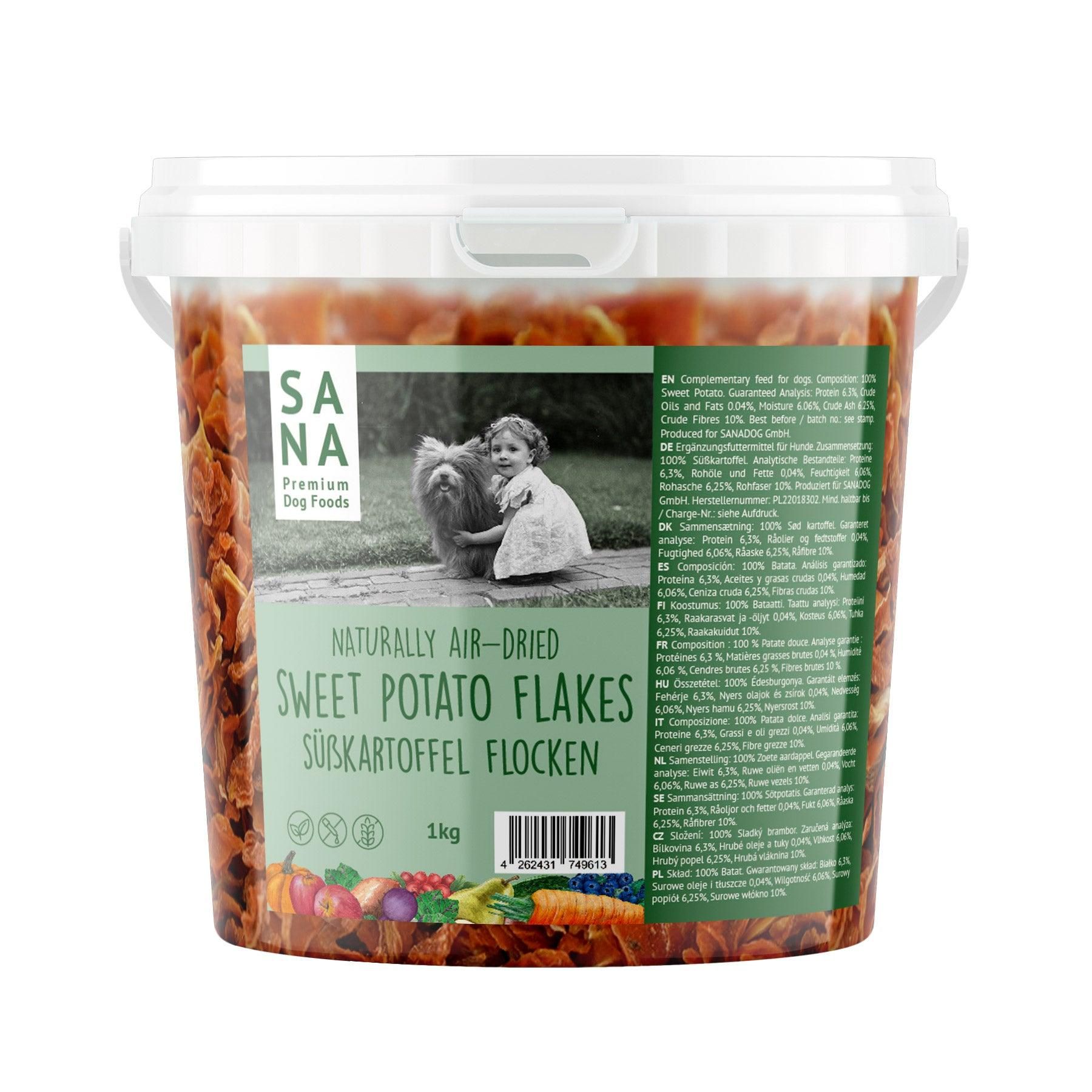 Sanadog Süßkartoffel Flocken (1kg-Eimer) - 1 Kilogramm Person, Hund, Säugetier, Haustier