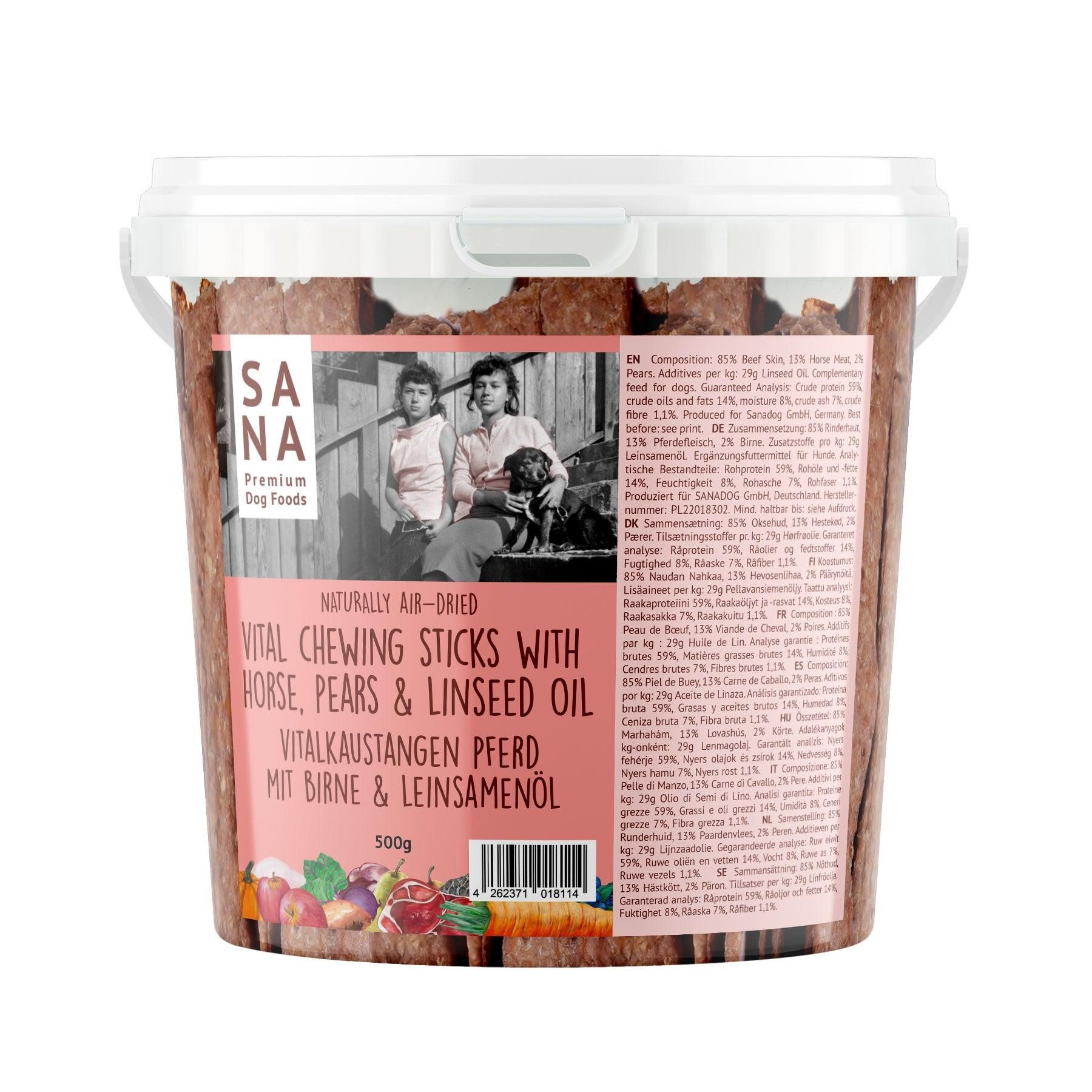 Sanadog Vitalkaustange Pferd mit Birne und Leinsamenöl (500g-Eimer) - 0,5 Kilogramm Sahne, Nachtisch, Essen, Eiscreme, Person