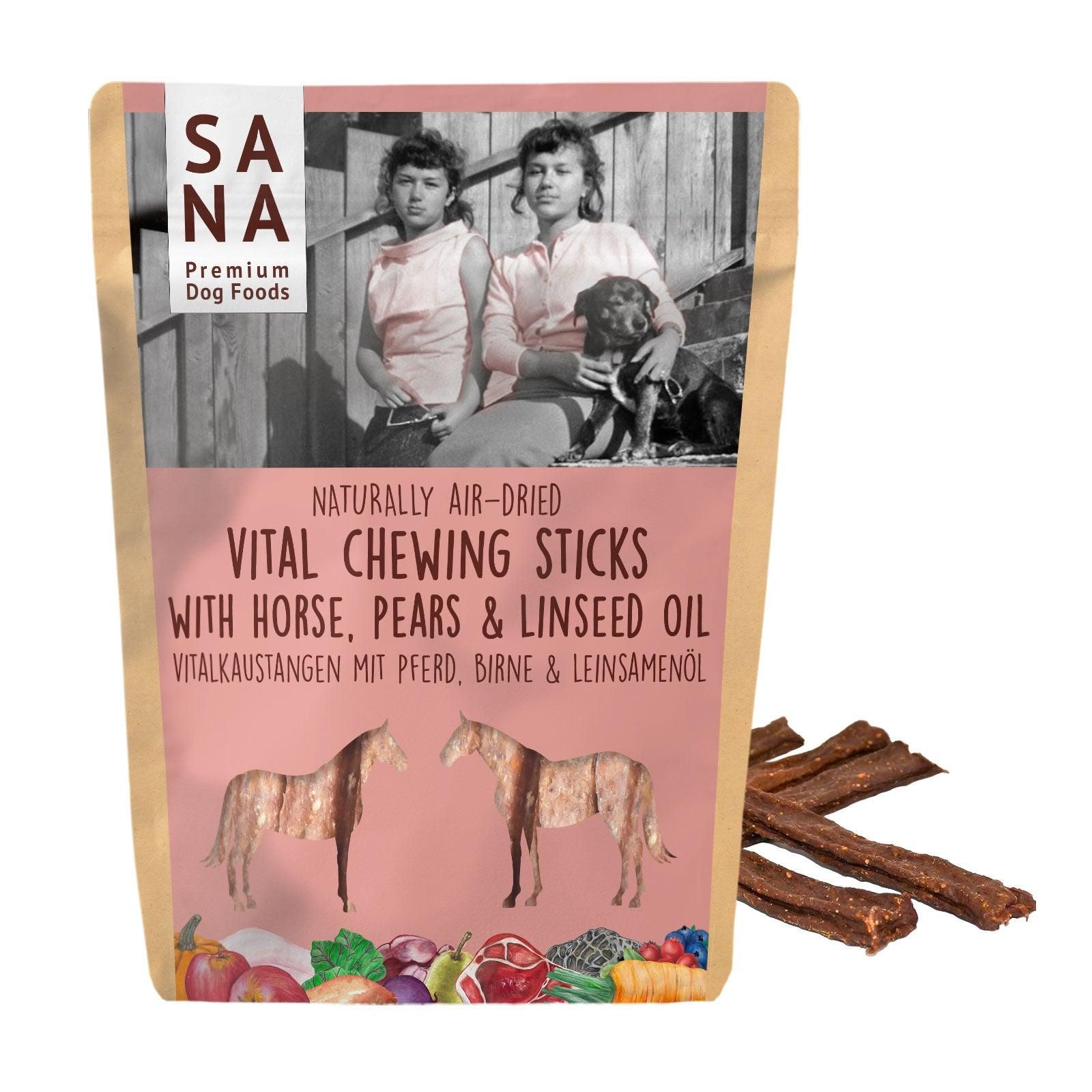 Sanadog Vitalkaustange Pferd mit Birne und Leinsamenöl 150g - 0,15 Kilogramm Werbung, Plakat, Kind, Mädchen, Person