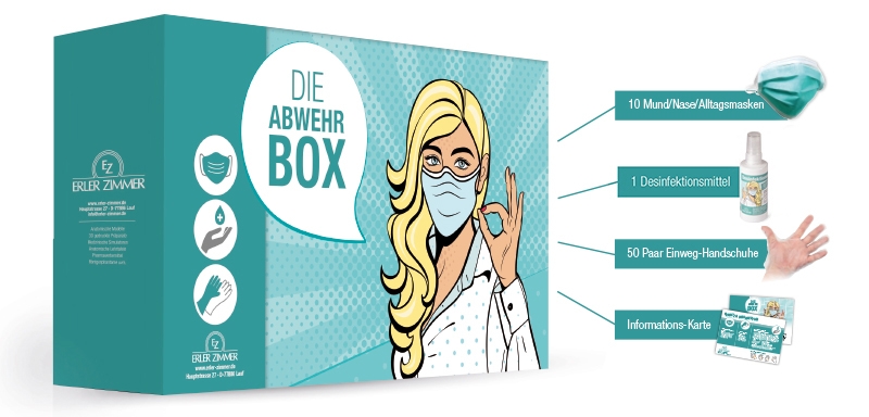 "Abwehr Box" mit 10 St. Mund-Nasenschutz-Masken, 100 ml Desinfektionsgel & 50 Paar Einweghandschuhe