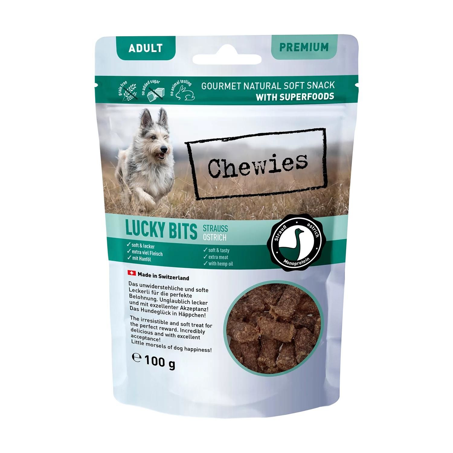Petsnature Chewies LUCKY BITS Strauß Adult 100g - 100 Gramm Hund, Säugetier, Haustier, Eishockey-Puck, Sport