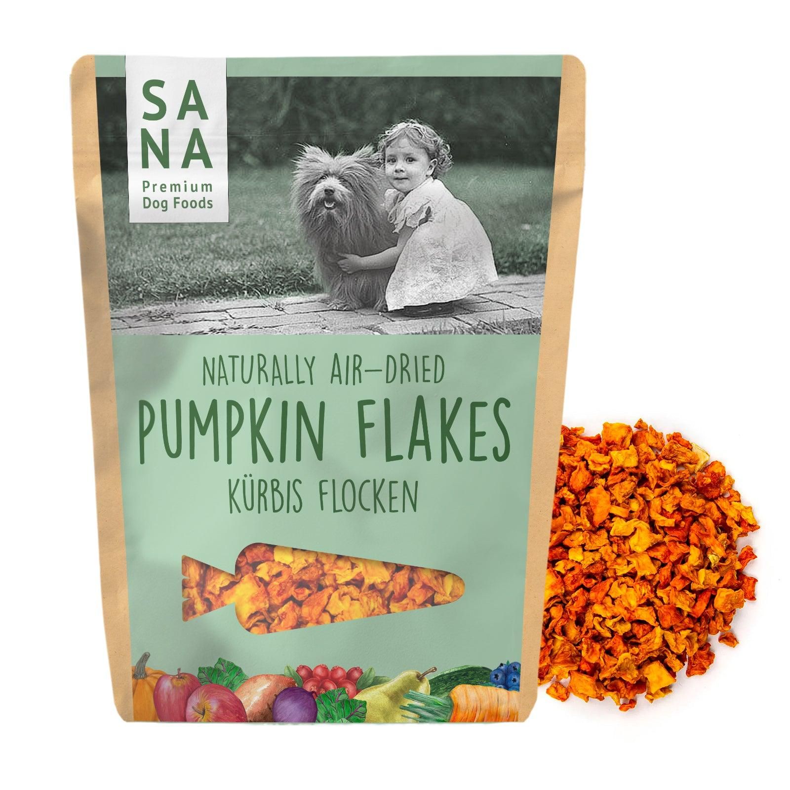 Sanadog Kürbis Flocken (150g) - 0,15 Kilogramm Kräuter, Karotte, Werbung, Person, Hund