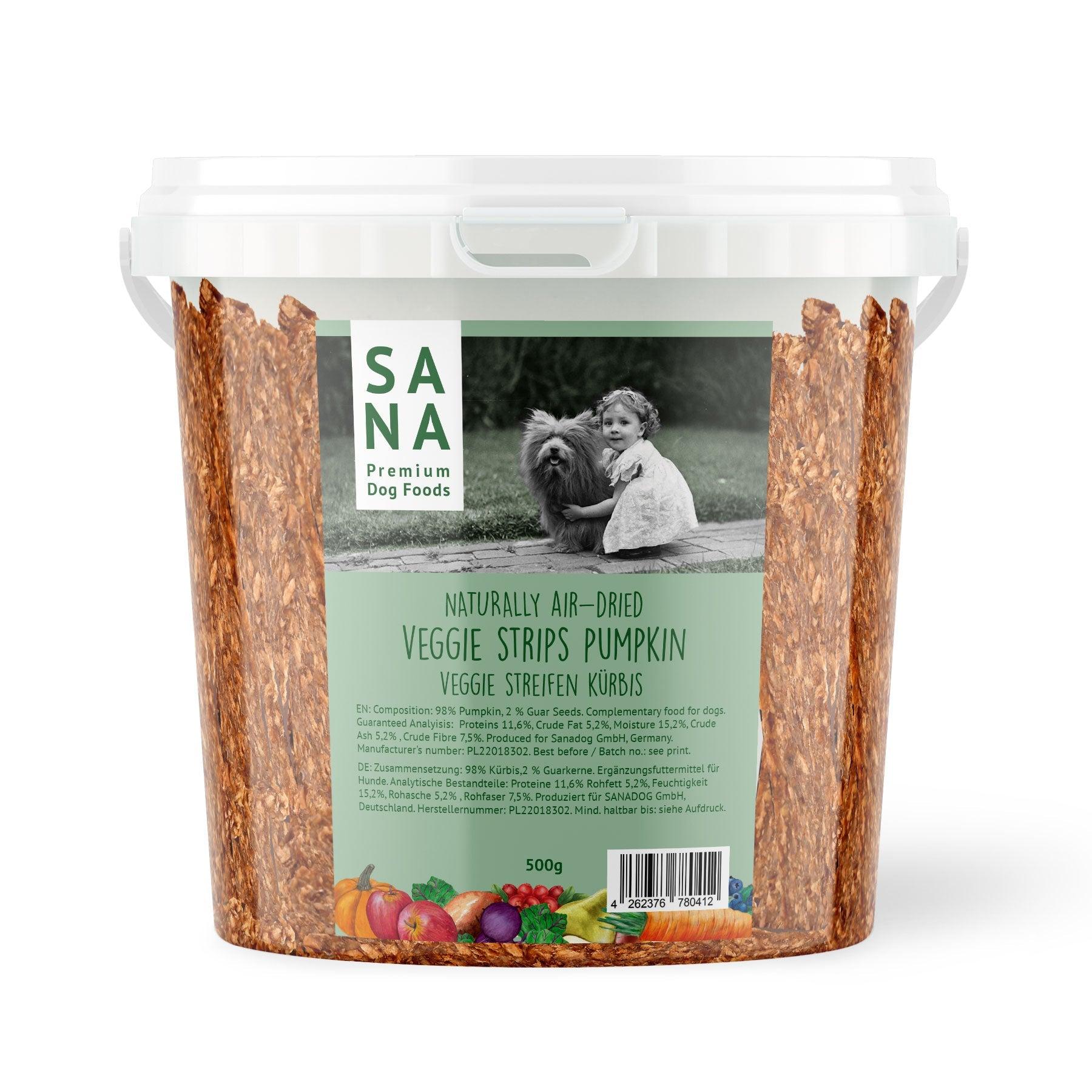 Sanadog Veggie Streifen Kürbis (300g-Eimer) - 0,3 Kilogramm