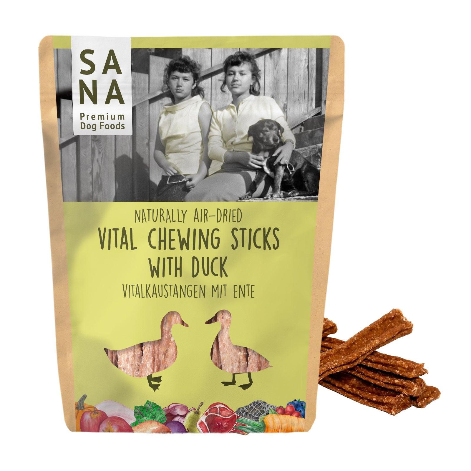 Sanadog Vitalkaustange Ente 150g - 0,15 Kilogramm Werbung, Plakat, Person, Hund, Haustier